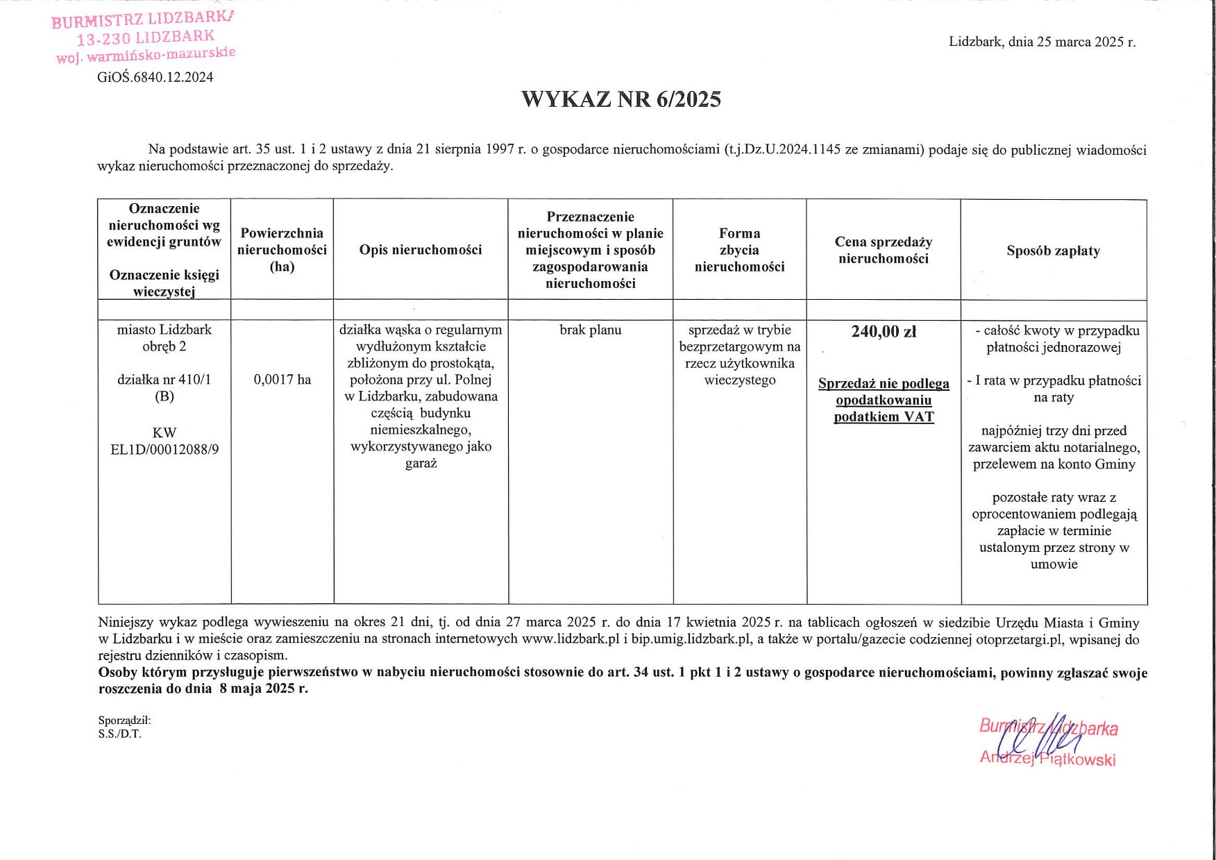 Wykaz Nr 6/2025 - Nieruchomość gruntowa do sprzedaży przy ulicy Polnej w Lidzbarku